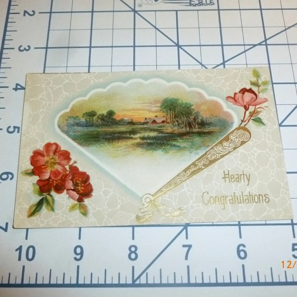 Antique Hearty Congratulations Postcard‎ Embossed Fan Landscape Floral Unposted